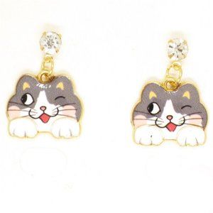 Multi-Color Gray Enamel & Rhinestone Winking Kitty Kitten Cat Pierced Earrings